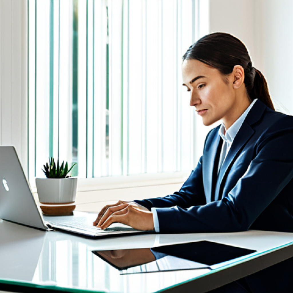 A professional person in a modest business suit, seated at a clean, modern desk in a well-lit home office. They are deeply focused on a laptop screen, with a notebook open beside them. The desk is meticulously organized with a small, green plant and a glass of water, reflecting an optimal study environment. The background subtly hints at a contemporary, uncluttered living space. Fully clothed, appropriate attire, professional dress, safe for work, appropriate content, perfect anatomy, correct proportions, natural pose, well-formed hands, proper finger count, natural body proportions, high quality, professional photography.