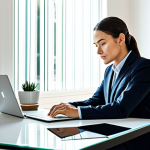 A professional person in a modest business suit, seated at a clean, modern desk in a well-lit home office. They are deeply focused on a laptop screen, with a notebook open beside them. The desk is meticulously organized with a small, green plant and a glass of water, reflecting an optimal study environment. The background subtly hints at a contemporary, uncluttered living space. Fully clothed, appropriate attire, professional dress, safe for work, appropriate content, perfect anatomy, correct proportions, natural pose, well-formed hands, proper finger count, natural body proportions, high quality, professional photography.