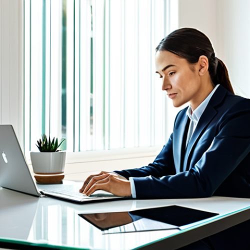 Home 4 A professional person in a modest business suit, seated at a clean, modern desk in a well-lit home office. They are deeply focused on a laptop screen, with a notebook open beside them. The desk is meticulously organized with a small, green plant and a glass of water, reflecting an optimal study environment. The background subtly hints at a contemporary, uncluttered living space. Fully clothed, appropriate attire, professional dress, safe for work, appropriate content, perfect anatomy, correct proportions, natural pose, well-formed hands, proper finger count, natural body proportions, high quality, professional photography.