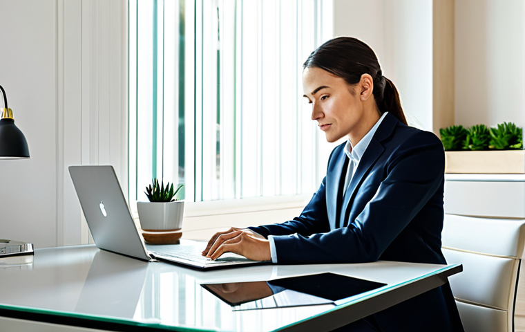 A professional person in a modest business suit, seated at a clean, modern desk in a well-lit home office. They are deeply focused on a laptop screen, with a notebook open beside them. The desk is meticulously organized with a small, green plant and a glass of water, reflecting an optimal study environment. The background subtly hints at a contemporary, uncluttered living space. Fully clothed, appropriate attire, professional dress, safe for work, appropriate content, perfect anatomy, correct proportions, natural pose, well-formed hands, proper finger count, natural body proportions, high quality, professional photography.