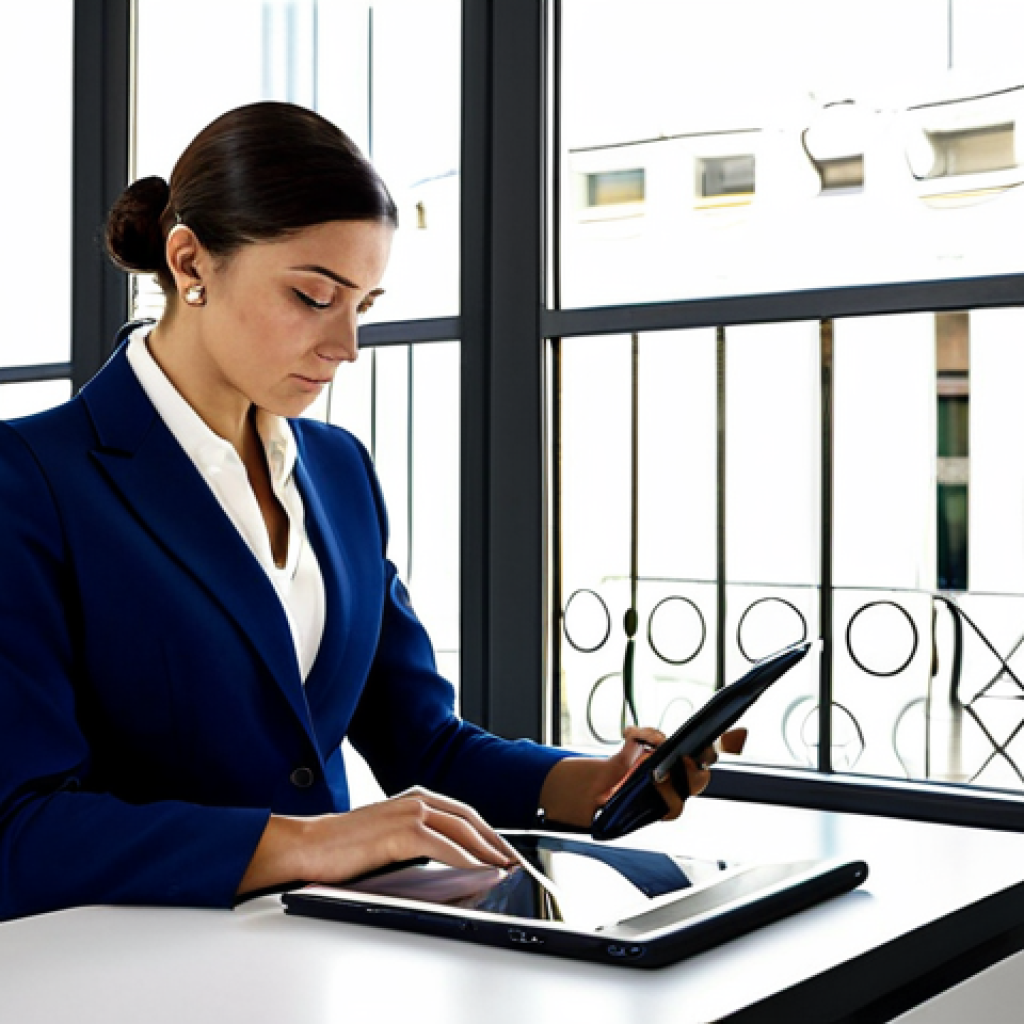 Modern Office Scene**
"A professional businesswoman in a modest, stylish business suit, working at a sleek desk in a bright, modern office in Madrid. Large windows overlook the Gran Vía. She is analyzing charts on a tablet. Fully clothed, appropriate attire, safe for work, perfect anatomy, natural proportions, professional photography, high quality, family-friendly."
**