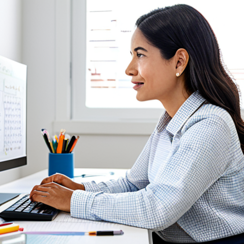 온라인 학습의 인지 심리학적 접근 방법 - Optimized Virtual Workspace**
"A bright, modern home office setup. A businesswoman wearing a modest...