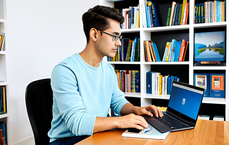 온라인 학습의 필수 아이템 도구와 자료 - Online Learning Platform User**
"A student fully clothed, wearing casual attire, focused on a lapto...