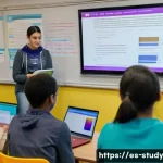 Home 22 온라인 학습의 피드백 받는 방법 - A detailed classroom scene showing a diverse group of Spanish-speaking students attentively receivin...