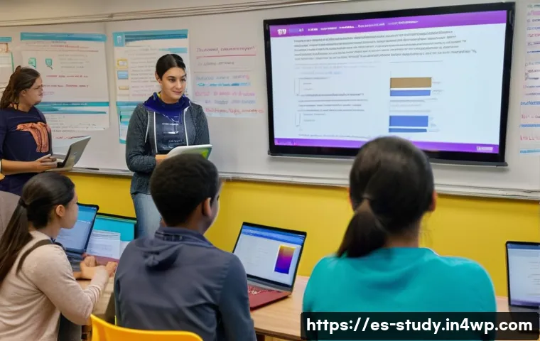 온라인 학습의 피드백 받는 방법 - A detailed classroom scene showing a diverse group of Spanish-speaking students attentively receivin...