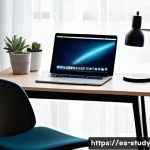Home 21 효율적인 온라인 학습을 위한 일일 계획 세우기 - A modern, minimalist home study setup designed for online learning, featuring a tidy desk with a sle...
