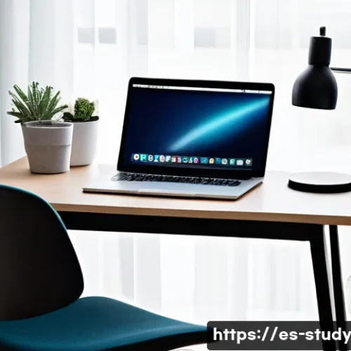 Home 33 효율적인 온라인 학습을 위한 일일 계획 세우기 - A modern, minimalist home study setup designed for online learning, featuring a tidy desk with a sle...