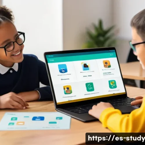 Home 31 온라인 학습을 위한 혁신적인 접근 방법 - A modern digital learning environment showcasing a diverse group of Spanish-speaking students intera...