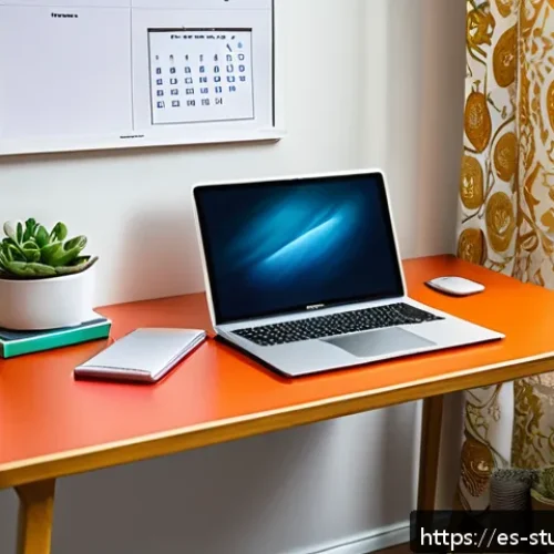 Home 17 온라인 학습 자원 관리 기술 - A modern home study desk setup for a Spanish-speaking student, featuring a sleek laptop displaying a...